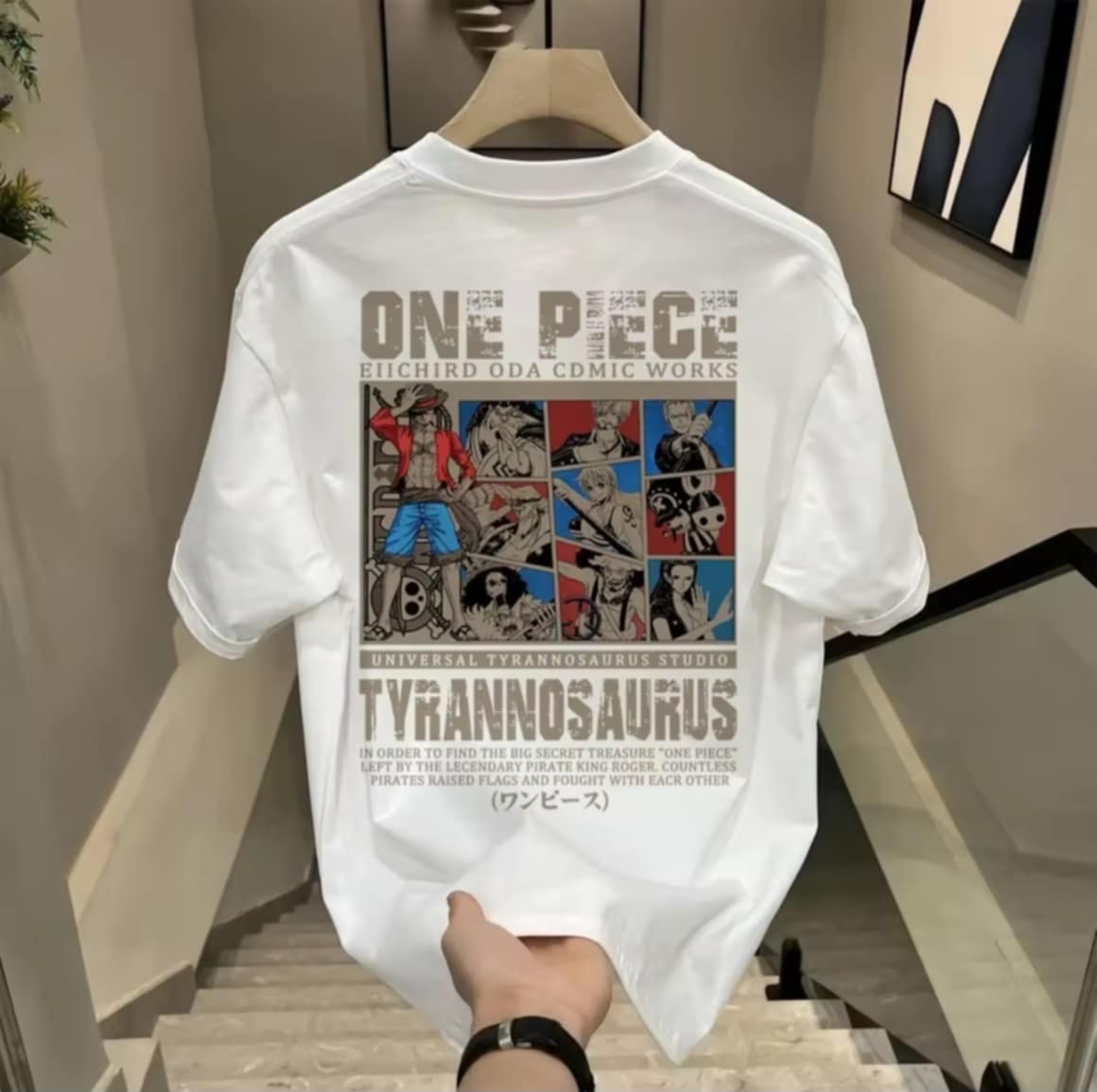 ເສື້ອຍືດຜູ້ຊາຍເທ່ໆ ຄໍກົມ-ແຂນສັ້ນ  oversize t-shirt ສໍາລັບຜູ້ຊາຍ ພິມລາຍ "OnePiece Luffy" ເສື້ອກາຕູນອານິເມະຍີ່ປຸ່ນ ເສື້ອຍືດແຟຊັ່ນສະຕຣີດເທ່ໆ ໂອເວີໄຊ ເສື້ອໄຊສ໌ໃຫຍ່