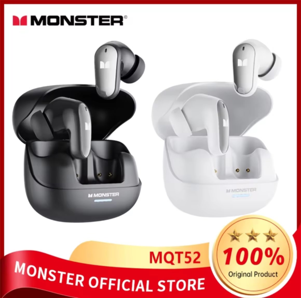 Monster MQT52 ຫູຟັງບລູທູດໄລ້ສາຍ ຫູຟັງໄລ້ສາຍ ແບັດທົນທານ ຕັດສຽງລົບ AI ຄຸນນະພາບສຽງ HIFI ສຽງຮອບທິດທາງ (Panoramic Acoustics)