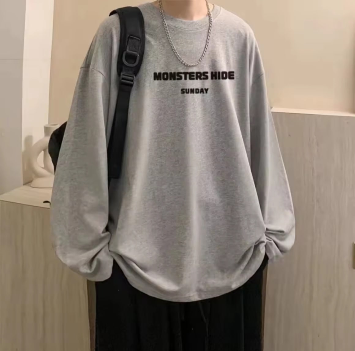 Muse Harbor ເສື້ອສະເວດເຕີຜູ້ຊາຍ ແບບລຳລອງ ຊົງຫຼວມ ເສື້ອຍືດແຂນຍາວ ພິມລາຍແຟຊັນ ເສື້ອສະເວດເຕີຄໍກົມ ຂະໜາດໃຫຍ່ ດີໄຊລ໌ງ່າຍໆ.