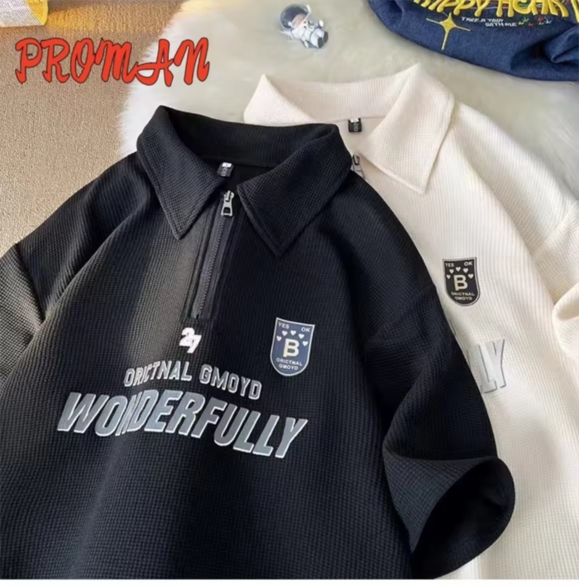 PROMAN-ສໄຕລ໌ອາເມລິກາ ແນວວິນເທັຈ ຄົນນິຍົມ ຊິບກາງ ແຂນສັ້ນ  ຜູ້ຊາຍ ແບບຊົງຫຼວມ ພິມລາຍ polo.