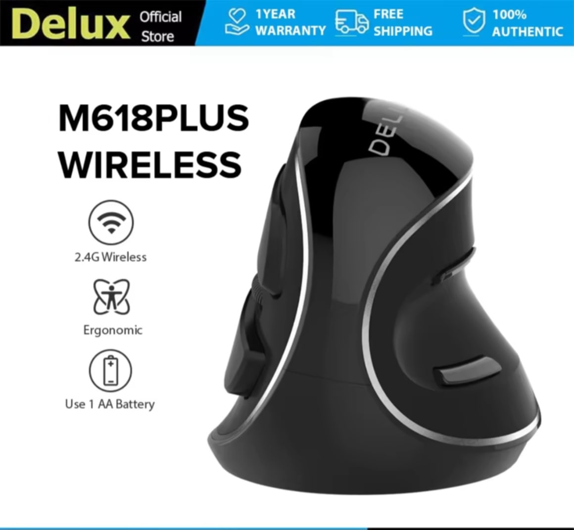 ເມົ້າສ໌ແນວຕັ້ງໄຮ້ສາຍ ອອກແບບຕາມຫຼັກສະລີລະສາດ DPI ສູງສຸດ 1600 ມີຖານວາງຝາມືຖອດອອກໄດ້ ມີ 6 ປຸ່ມ ເໝາະສຳລັບຝາມືໃຫຍ່ ໃຊ້ໄດ້ກັບ PC/Laptop/Windows/Mac