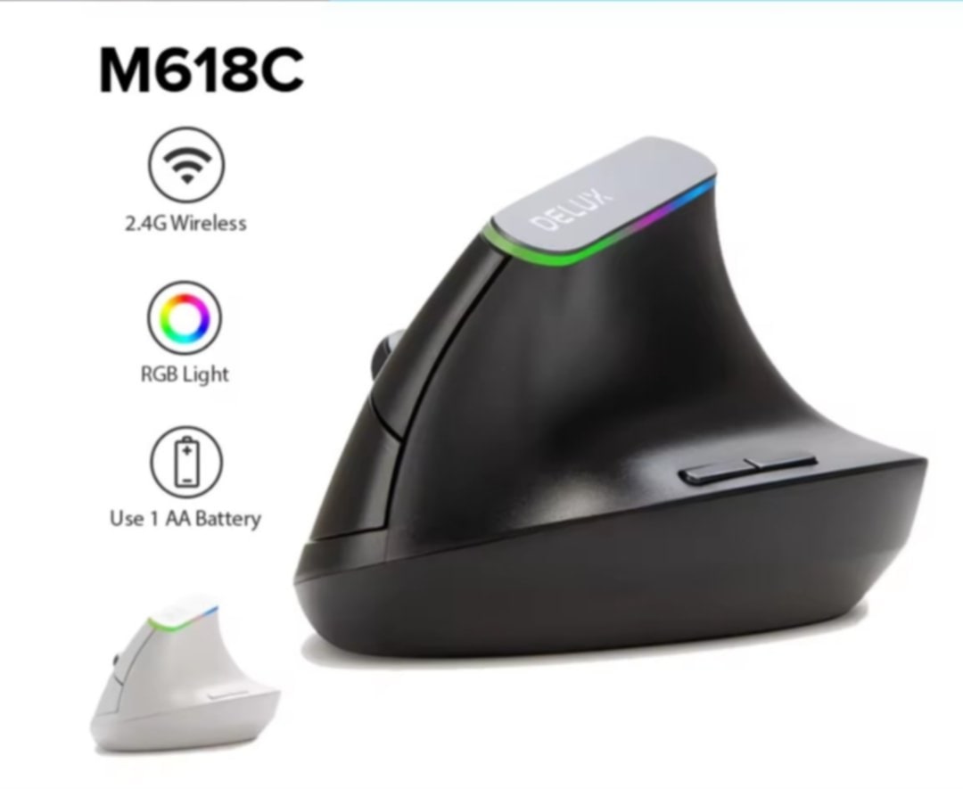 Delux M618C ເມົ້າສ໌ແນວຕັ້ງໄຮ້ສາຍ ອອກແບບ ແບບສະດວກສະບາຍ ມີ 6 ປຸ່ມ ຄວາມລະອຽດສູງສຸດ 1600 DPI ເປັນເມົ້າສ໌ Optical 3D ພ້ອມໄຟ RGB ນ້ຳໜັກ 95g ຂະໜາດ M ເໝາະສຳລັບ PC/Laptop/Windows/Mac