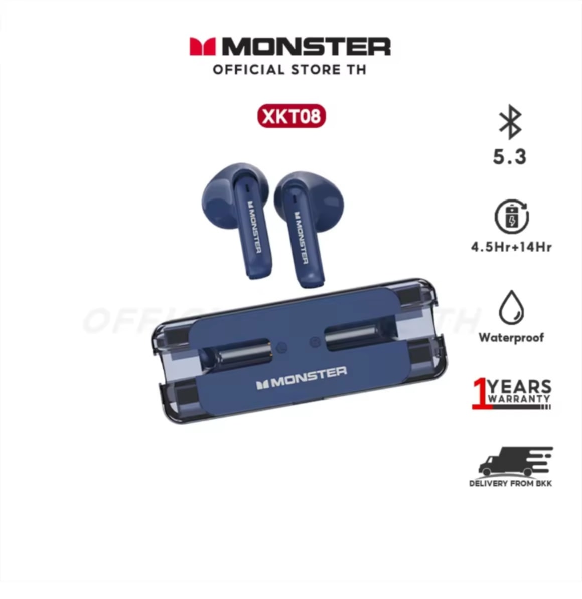 🔥 Bestsellers 🔥 Monster XKT08 BT 5.3  ຫູຟັງບລູທູທໄຣ້ສາຍ  ຄວບຄຸມດ້ວຍການສະດັບສະເຕັບ (Touch)  ຮອງຮັບ iOS / Android  Bluetooth Wireless Headset