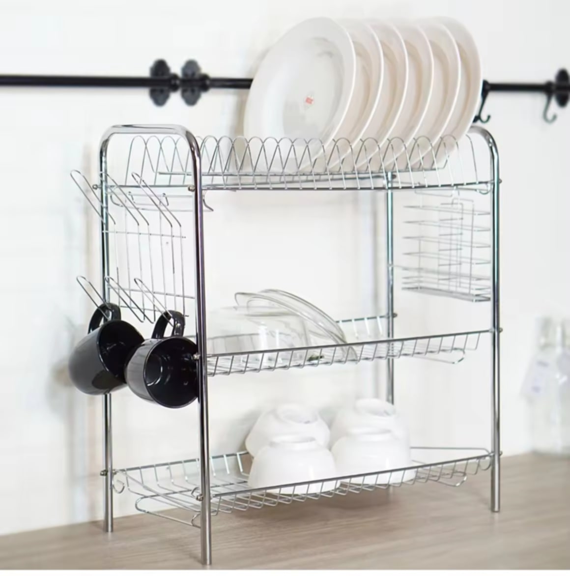 M Kitchenstuff – ຊັ້ນວາງຈານ / ທີ່ຄວ່ໍາຈານ / ຊັ້ນຕາກຈານ ສແຕນເລດ 3 ຊັ້ນ