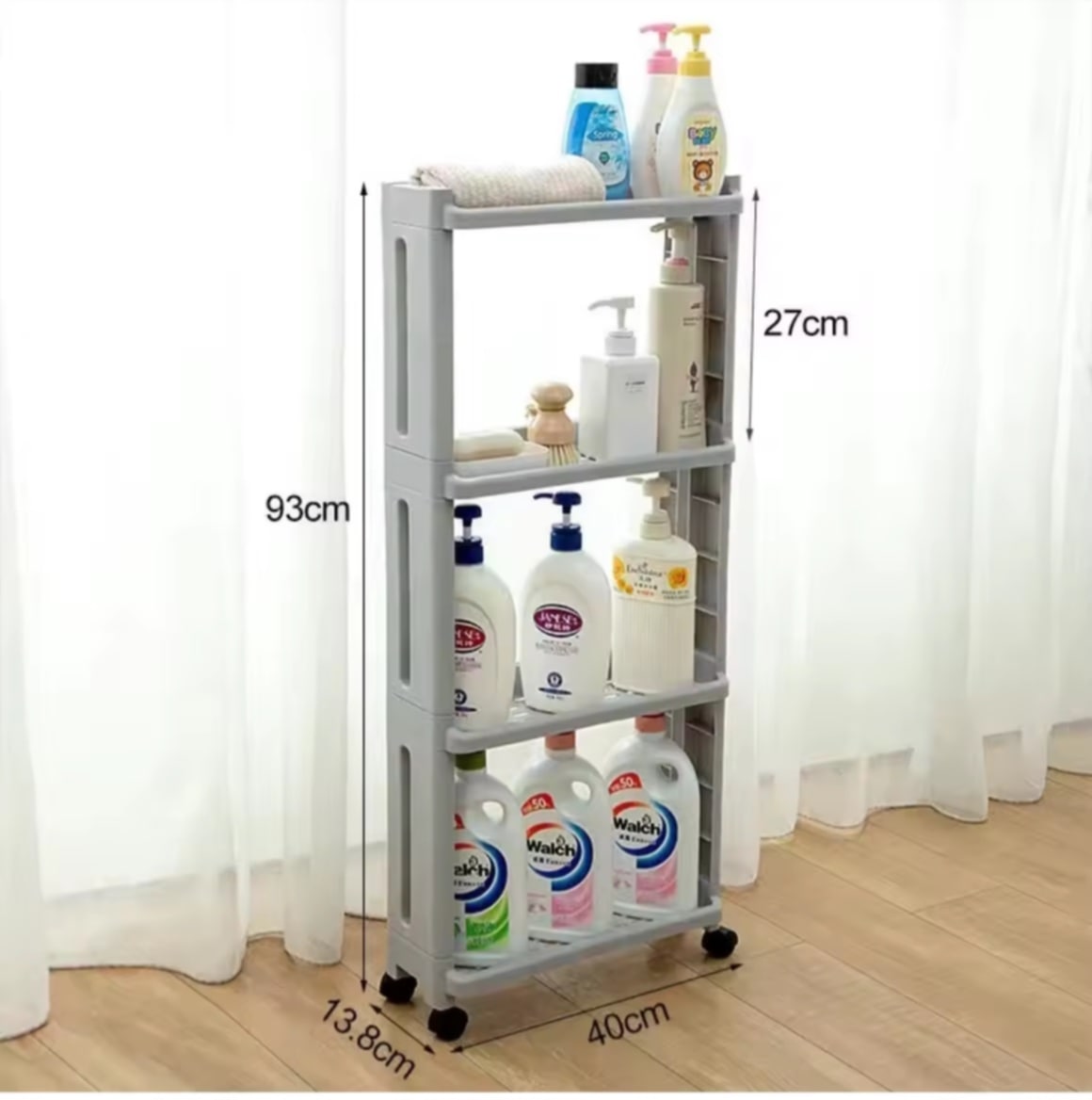 ຊັ້ນວາງຂອງແບບມີລໍ້ເລື່ອນ ຊັ້ນວາງຂອງສຳລັບພື້ນທີ່ແຄບ ມາພ້ອມຕະຂໍ ແລະ ລໍ້ເລື່ອນ ມີ 4 ຊັ້ນ