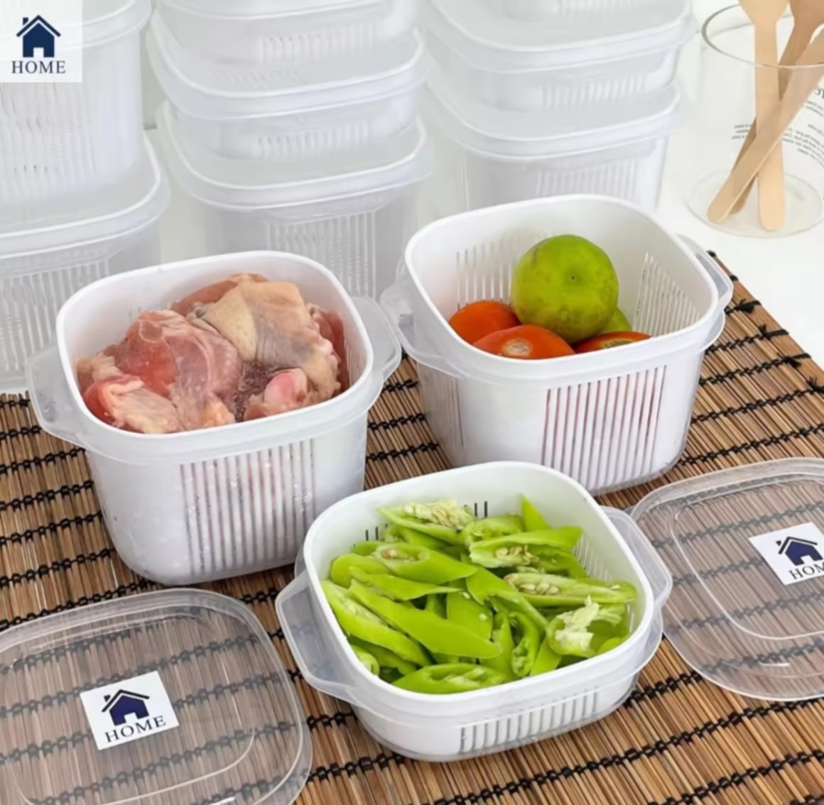 ກ່ອງຖະຫນອມອາຫານ HOME ຖະຫນອມເຂົ້າພ້ອມຝາປິດ, ສາມາດໃສ່ໄມໂຄເວຟໄດ້, ມີກະຕ່າຊະລ້າຜັກ  ຮັກສາຄວາມສົດໃນຕູ້ເຢັນ, ກ່ອງເກັບອາຫານແຊ່ແຂງ # ກ່ອງເກັບອາຫານ