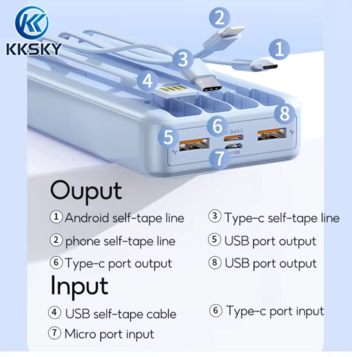 KKSKY Power Bank ຊາດໄວ 30000mAh, ແບັຣສ່ຳຮອງ, 20W USB Type-C Fast Quick Charge, ຂອງແທ້ 100%, ມີສາຍໃນຕົວ 4 ເສັ້ນ