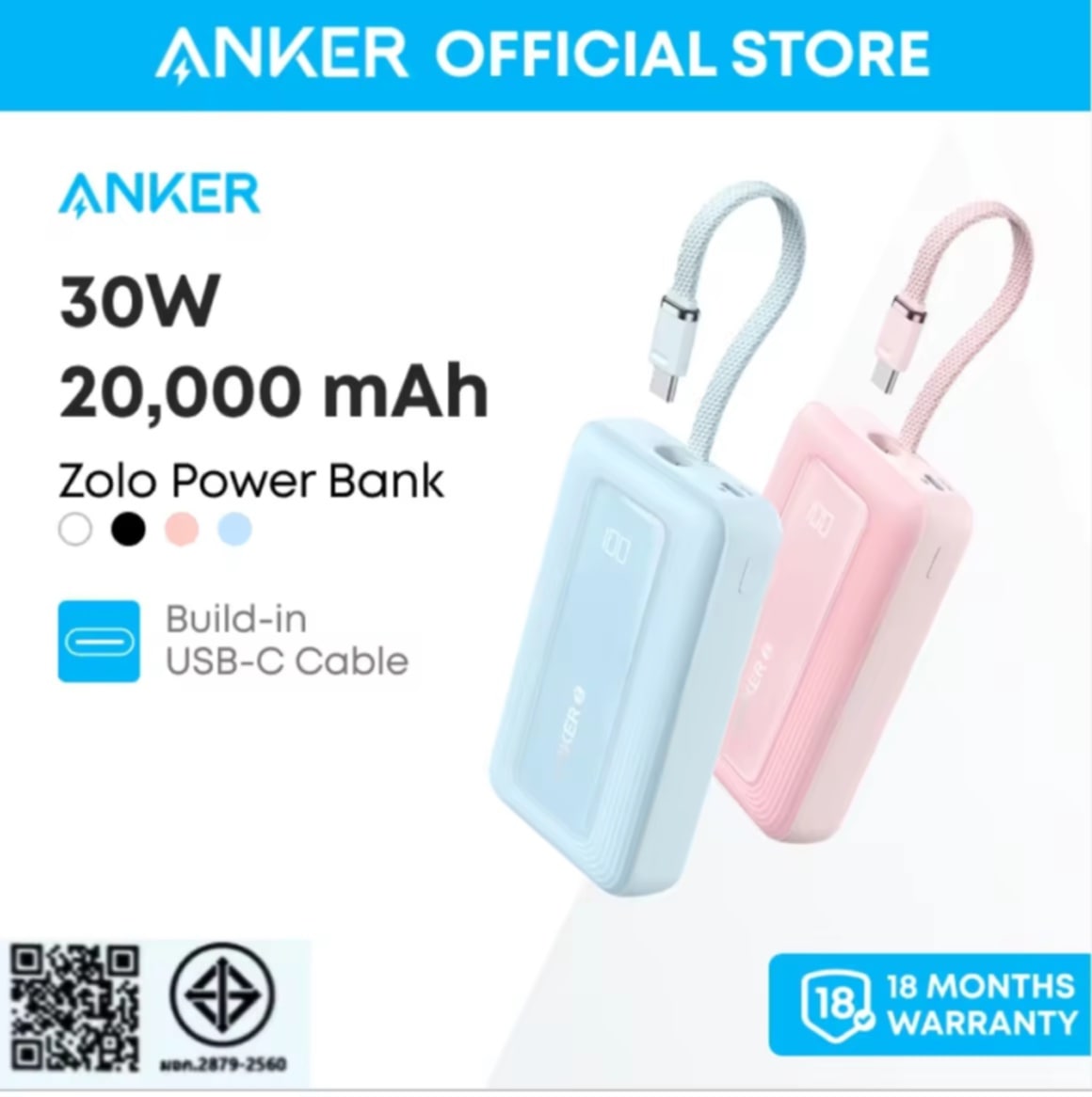 Anker Zolo 10,000mAh Power Bank 30W  ເຄື່ອງຊາດໄຟພົກພາພ້ອມສາຍ USB-C ໃນຕົວ  ຊາດໄຟໄວ ສໍາລັບເດີນທາງ  ເໝາະສຳລັບ iPhone 16 Series, iPhone 17/17 Air/17 Pro ທຸກເຄື່ອງ, MacBook, Galaxy, iPad