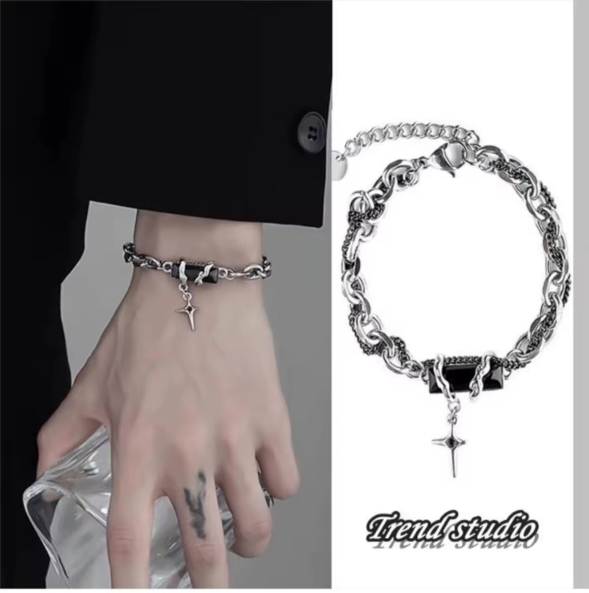 ສ້ອຍຂໍ້ມືຫິນສີດຳສະໄຕລ໌ຮິບ-ຮອບ  ຜະລິດຈາກເຫຼັກໄຫຼທຽມ ຈະບໍ່ລອກ ຫຼື ແປປຽນເປັນສີດຳ  ອອກແບບເປັນເອກະລັກ  ລະດັບໄຮເອນມາກ High-end