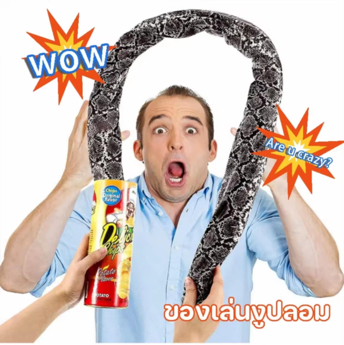 【Huahua】 ຂອງຫຼິ້ນງູປອມ ສາມາດໃຊ້ຫຼິ້ນຕະຫຼົກ ຮູບແບບງູຫນ້າກົວ ເປັນຂອງຫຼິ້ນຕະຫຼົກສໍາລັບແກ້ງ ຮູບແບບກະປ໋ອງມັນຝຣັ່ງທອດ ເໝາະສໍາລັບເດັກນ້ອຍ ຊ່ວຍຜ່ອນຄາຍ ແລະ ບັນເທົາຄວາມຄຽດ