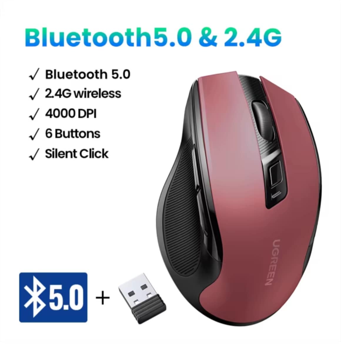 UGREEN ເມົ້າໄຮ້ສາຍ Bluetooth 2.4G ອອກແບບແບບ Ergonomic ຈັບຖະຫນັດມື ຄລິກບໍ່ມີສຽງ ປັບ DPI 800–4000 ສຳລັບວຽກອອຟຟິດ