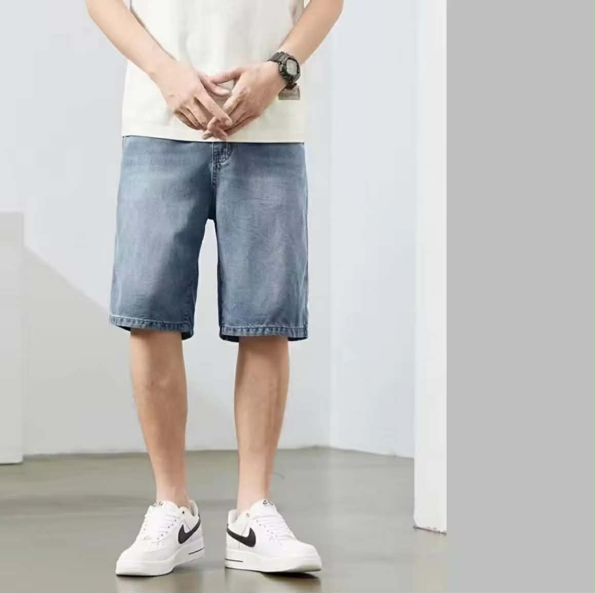 NEW✨ ໂສ້ງຍີນສັ້ນຜູ້ຊາຍ ປະດັບຂອບປາຍຮຸ່ຍ ແຟຊັ່ນສະໄຕລ໌ເກົາຫຼີ