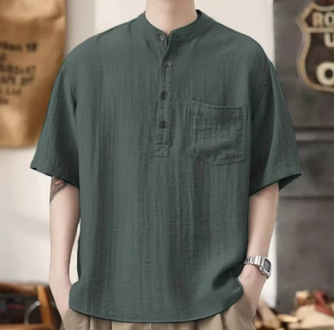 ເສື້ອເຊີ້ດຜູ້ຊາຍ ຜ້າລິນິນ ຄໍກົມ ແຂນສັ້ນ ຜ້ານຸ່ມ ໃສ່ສະບາຍ ບໍ່ຮ້ອນ ແຟຊັ່ນສຳລັບລະດູຮ້ອນ