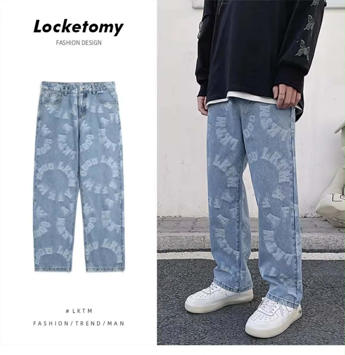 🌈 ໂສ້ງຍີນຂາຍາວຜູ້ຊາຍ ລາຍຕົວອັກສອນ ສວມໃສ່ສະບາຍ ສະໄຕລ໌ເກົາຫຼີ ຈັບຄູ່ໄດ້ຫຼາຍຊຸດ